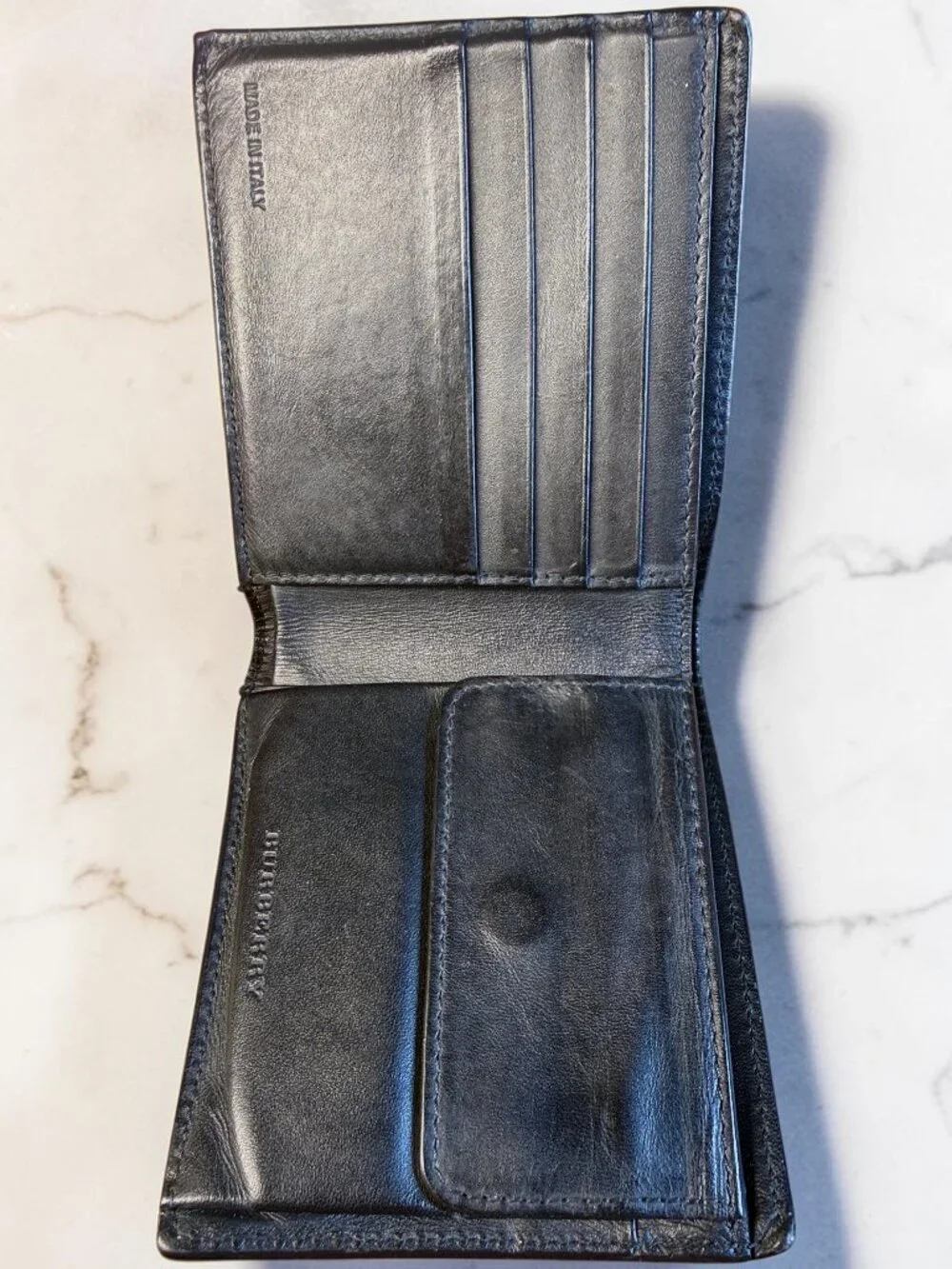 Burberry Mens Vintage Black Leather Bifold Wallet with Coin Pocket and COA